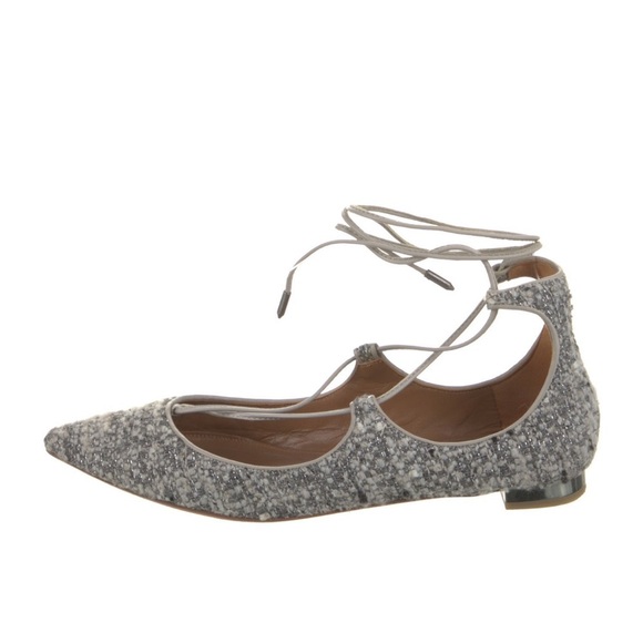 Aquazzura Christy Tweed Lace Up Ballet Flats Pointed Toe
